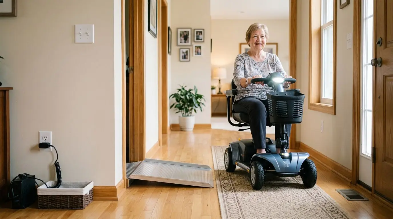 Safe indoor mobility scooter route with clear doorway, secured rug, threshold ramp, and charging area