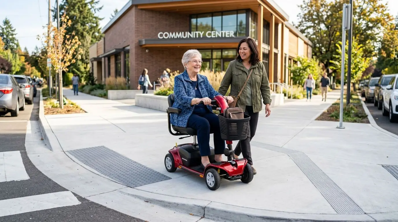 Senior riding a mobility scooter safely on a sidewalk with a caregiver nearby