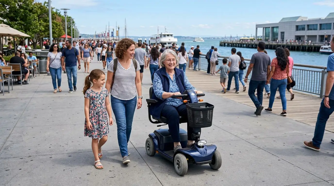 Older adult safely using a mobility scooter in a crowded public walkway