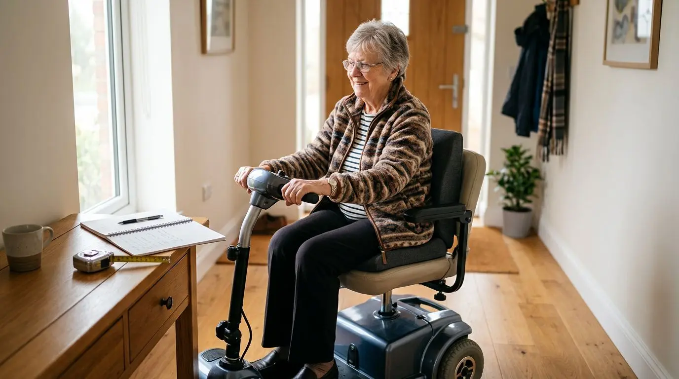 Older adult checking the fit of a mobility scooter seat cushion and back support