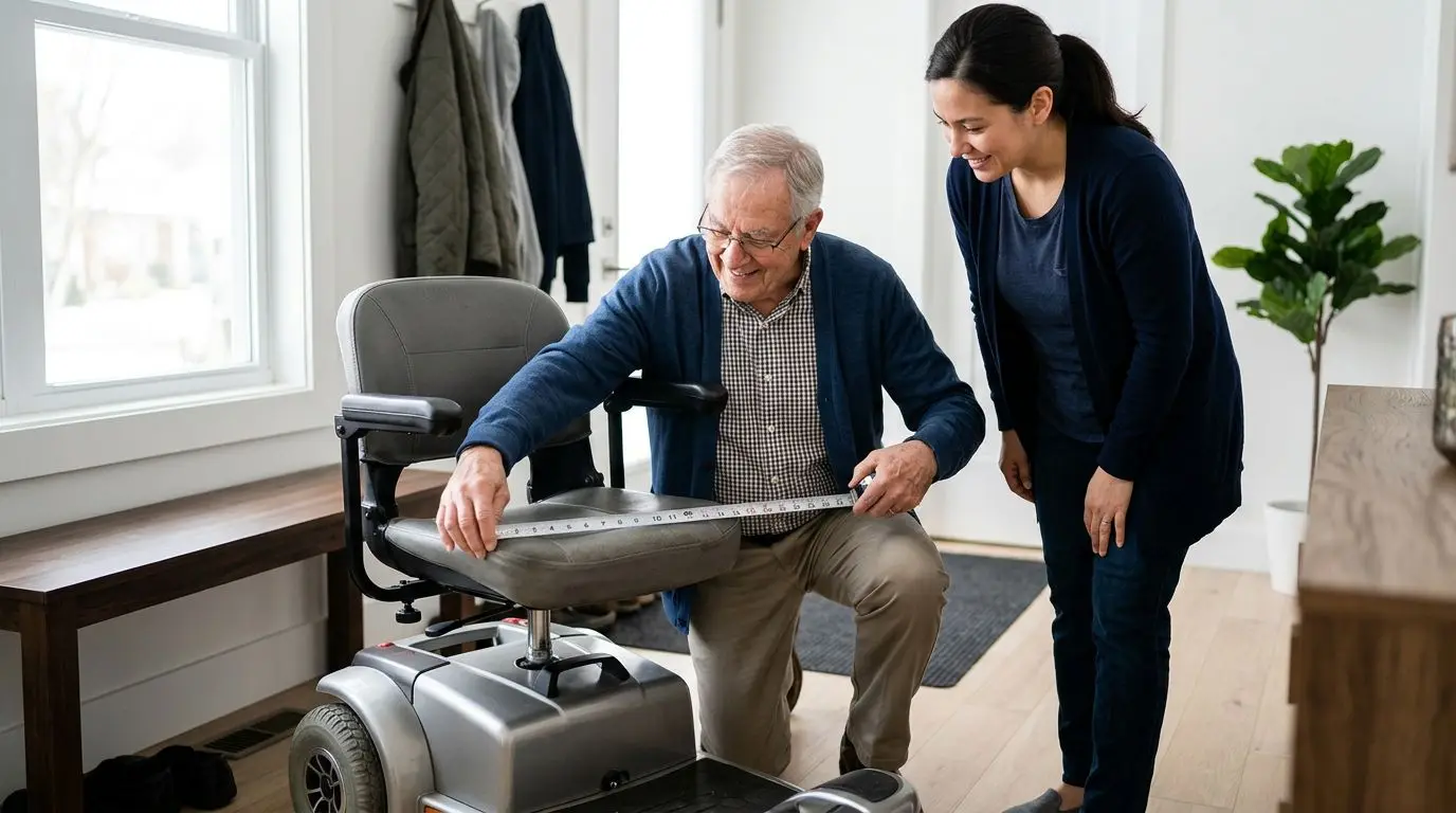 Older adult measuring a mobility scooter seat for comfort and fit