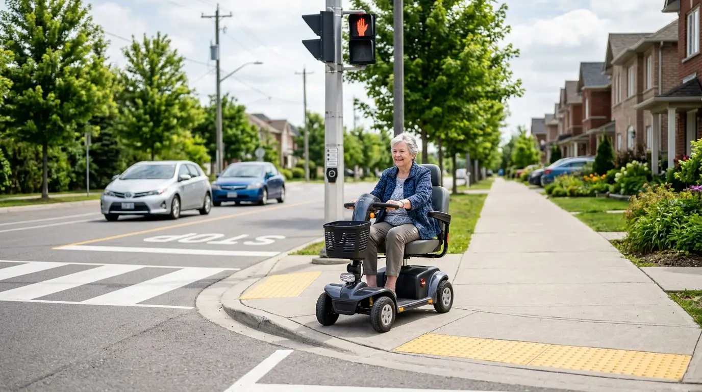 Older adult riding a mobility scooter on a sidewalk near a crosswalk with cars stopped nearby
