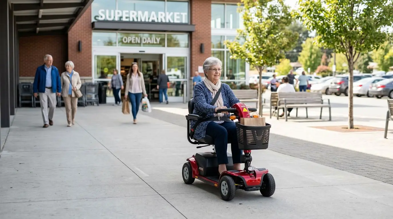 Older adult riding a mobility scooter slowly near a store entrance with pedestrians nearby