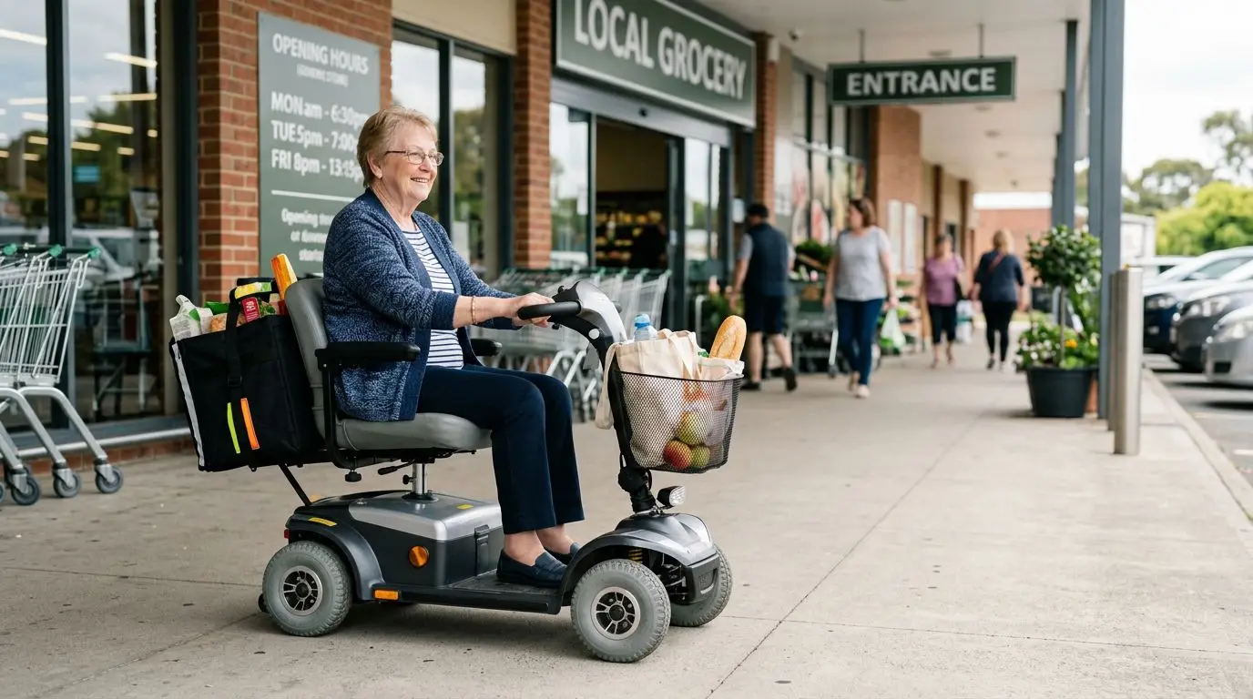 Older adult using mobility scooter storage accessories with a front basket and rear bag