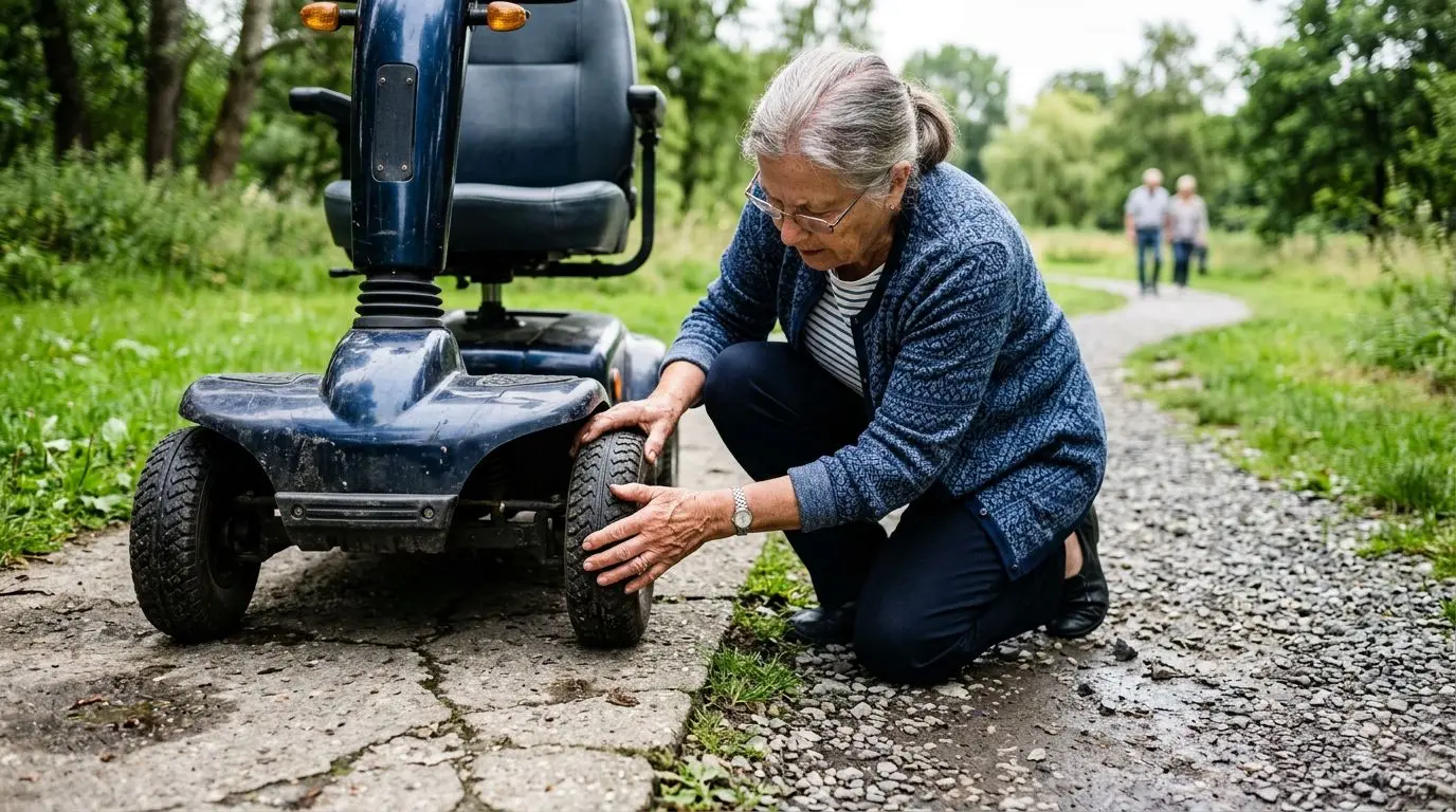 Senior inspecting a mobility scooter tire near grass, gravel, rough sidewalk, and wet pavement