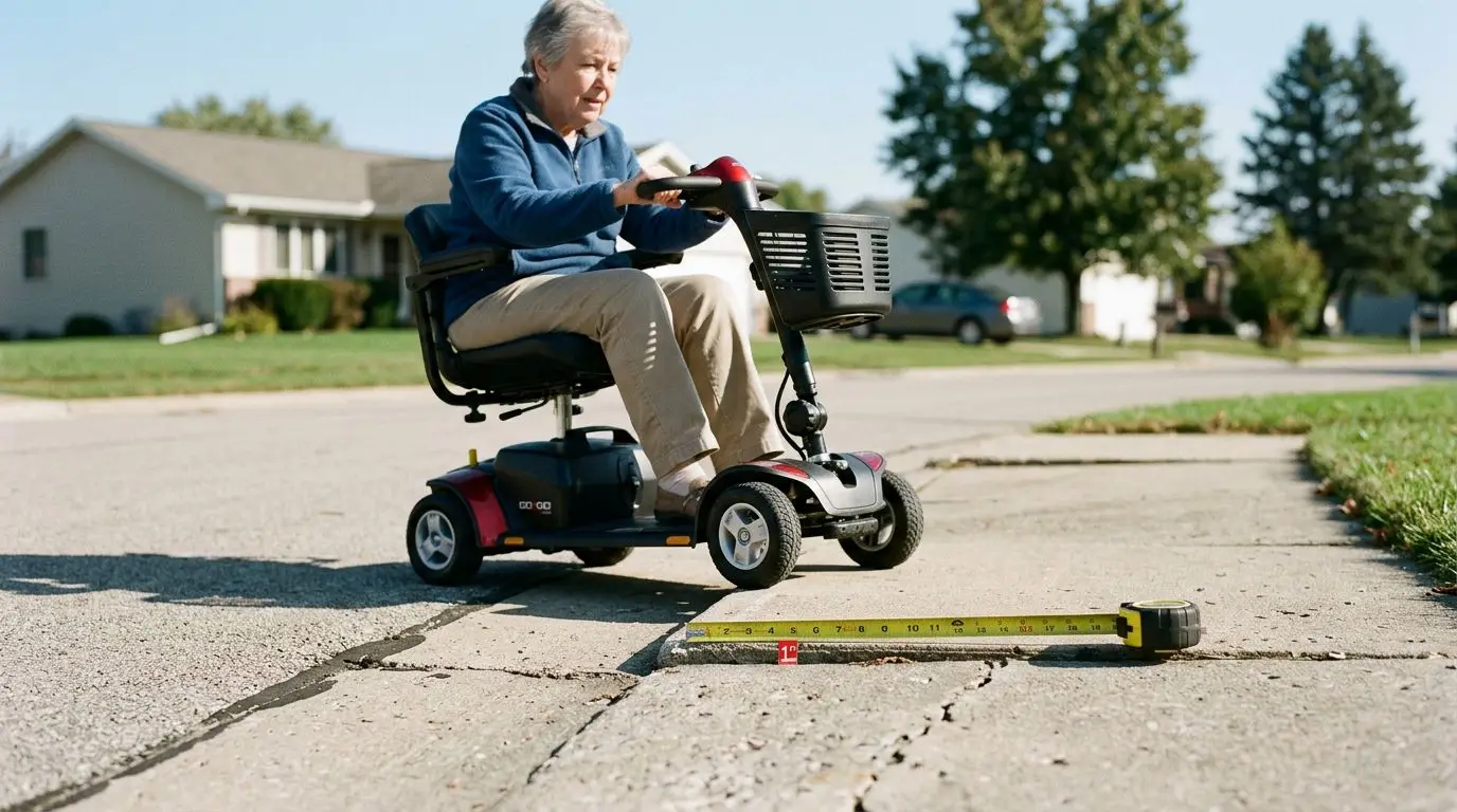 Senior rider on a mobility scooter near a raised sidewalk edge and curb cut