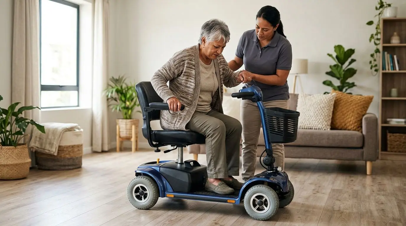 Older adult practicing a safe transfer onto a mobility scooter with the seat turned sideways