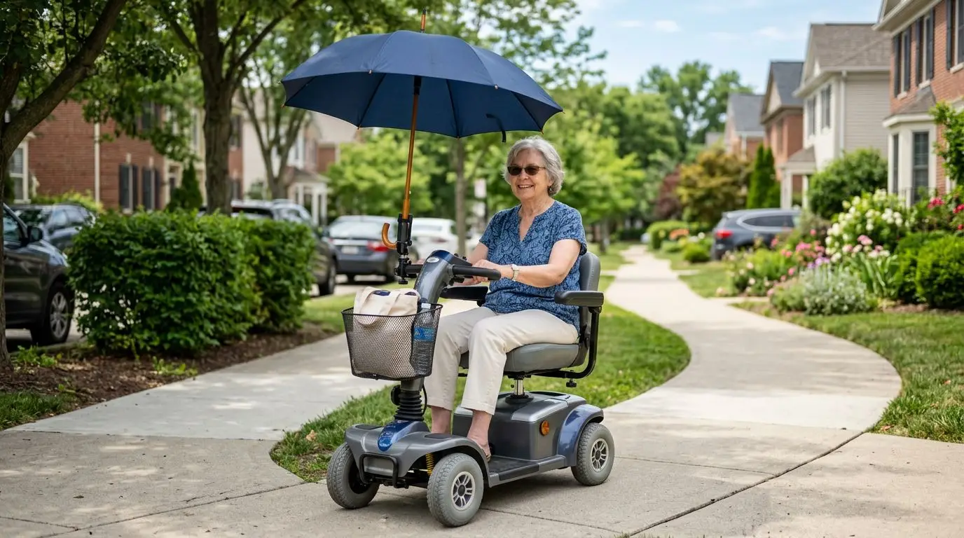 Older adult using a mobility scooter with a mounted umbrella holder for shade on a calm sidewalk