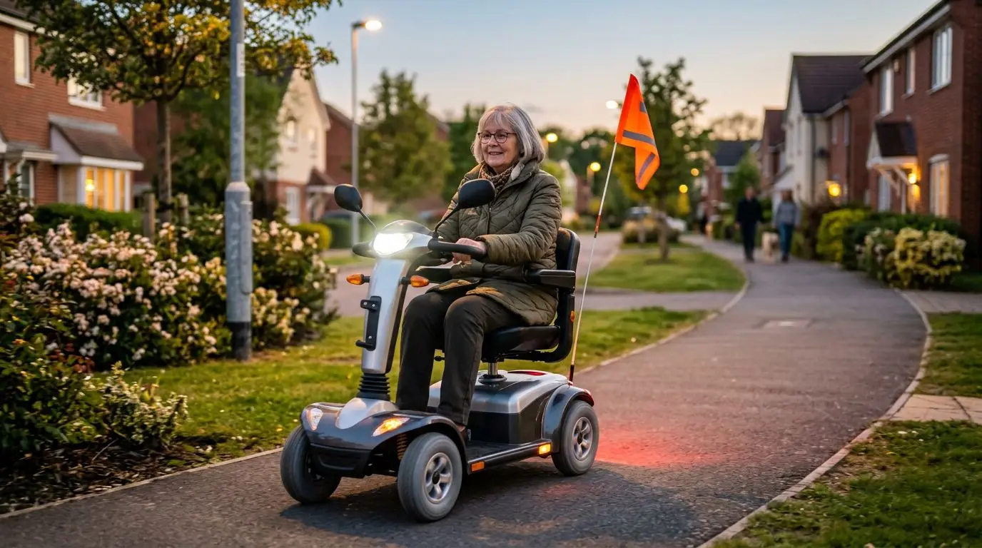Older adult on a mobility scooter using lights, reflectors, mirror, and safety flag at dusk