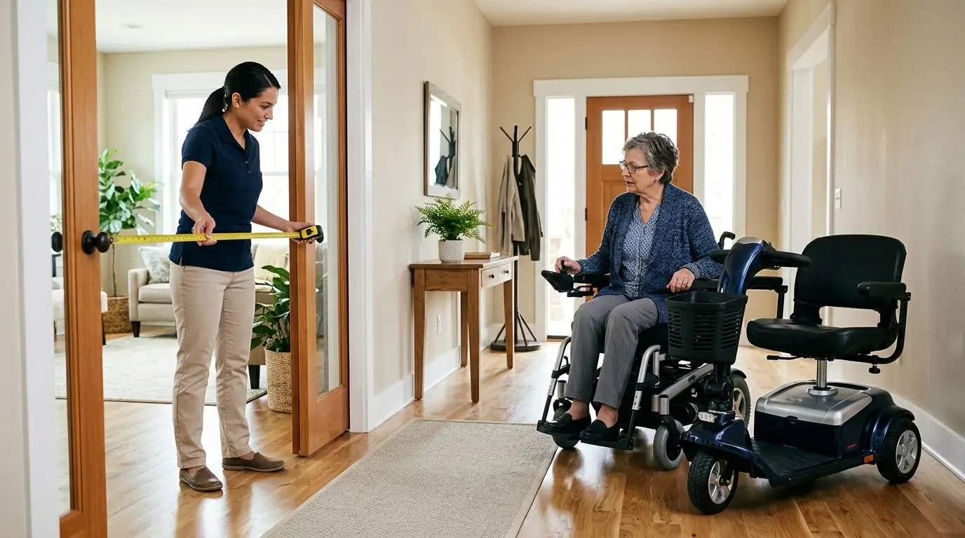 Older adult comparing a mobility scooter and power wheelchair in an accessible home