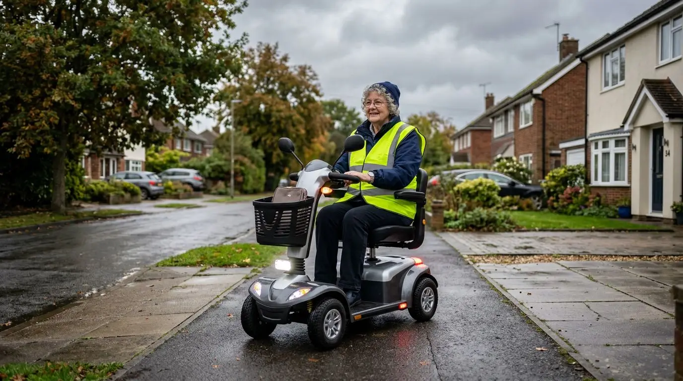 Older adult using a mobility scooter safely on wet pavement while wearing reflective clothing