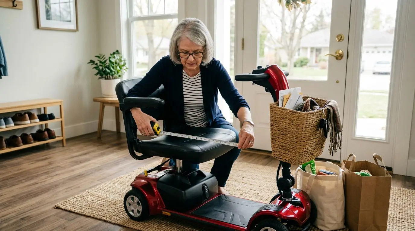 Older adult measuring a mobility scooter seat and checking carrying space