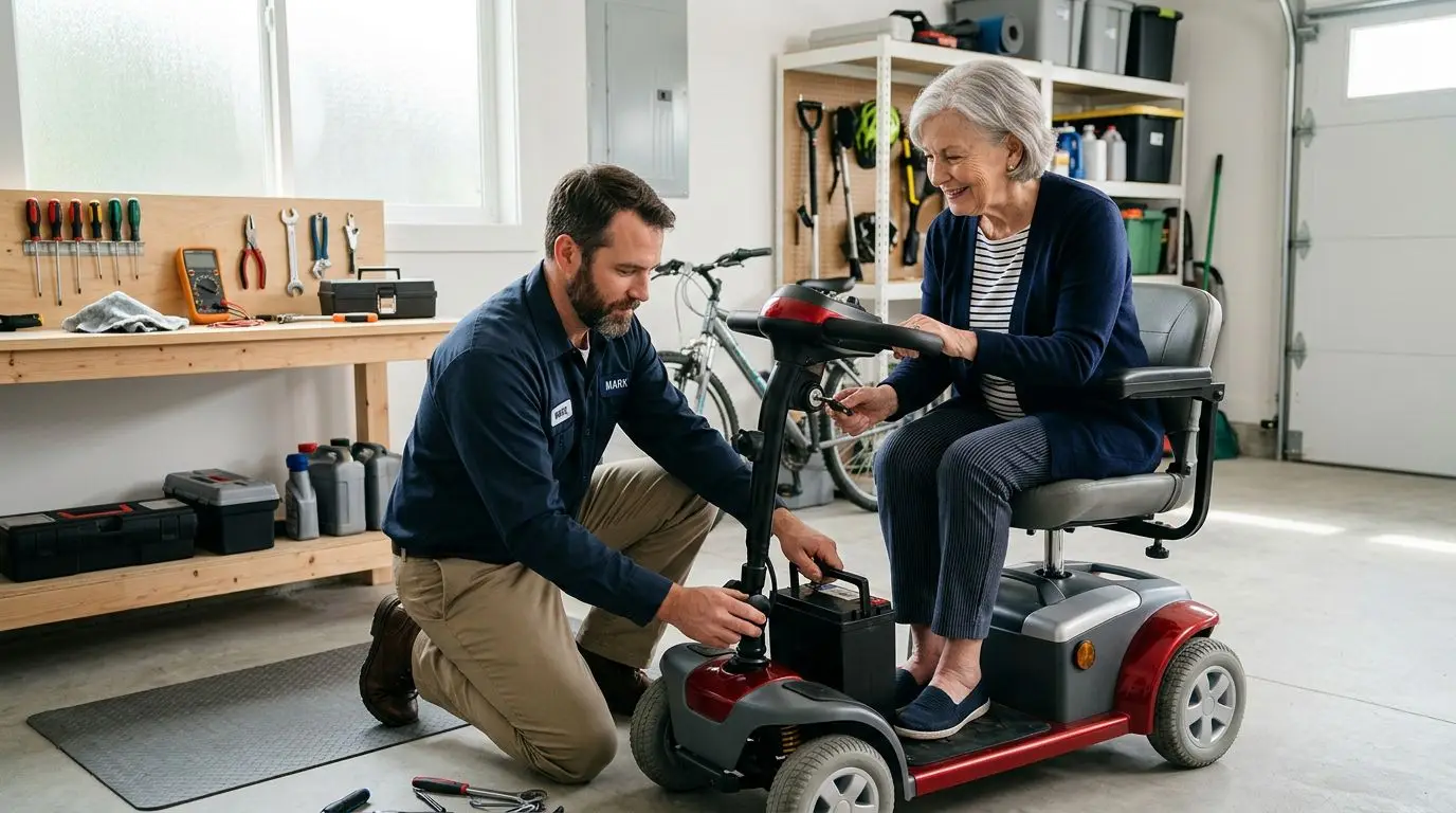 Caregiver checking the battery area of a generic mobility scooter that will not turn on