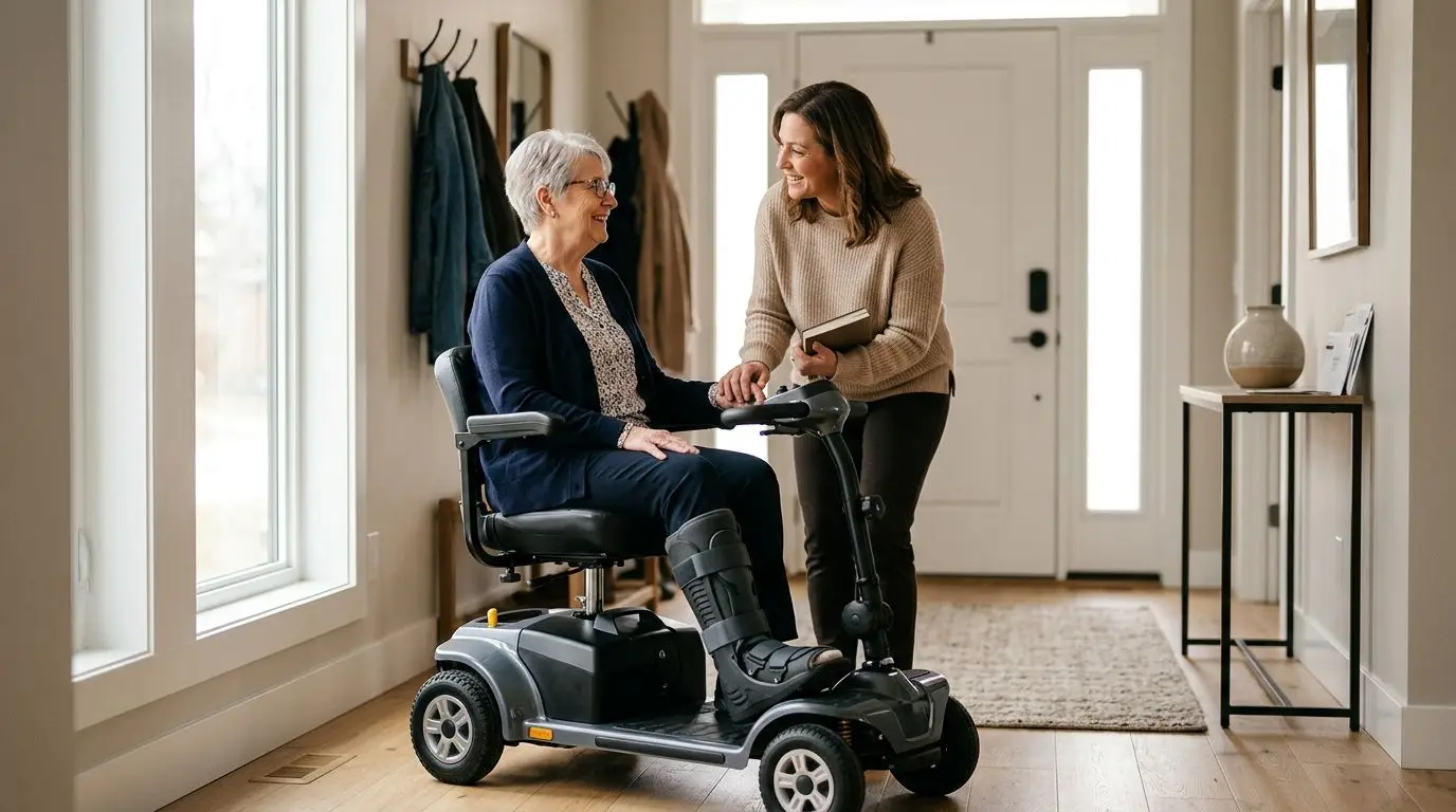 Person in a walking boot using a powered mobility scooter at home during recovery