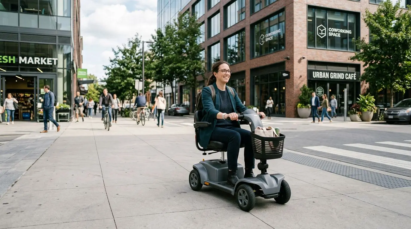 Adult using a mobility scooter on an accessible sidewalk near work and errands