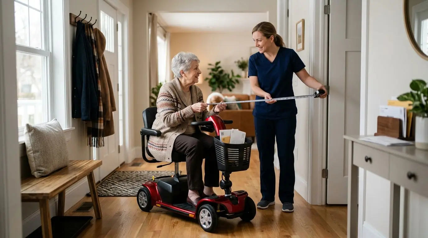 Senior and caregiver measuring a doorway before choosing a mobility scooter