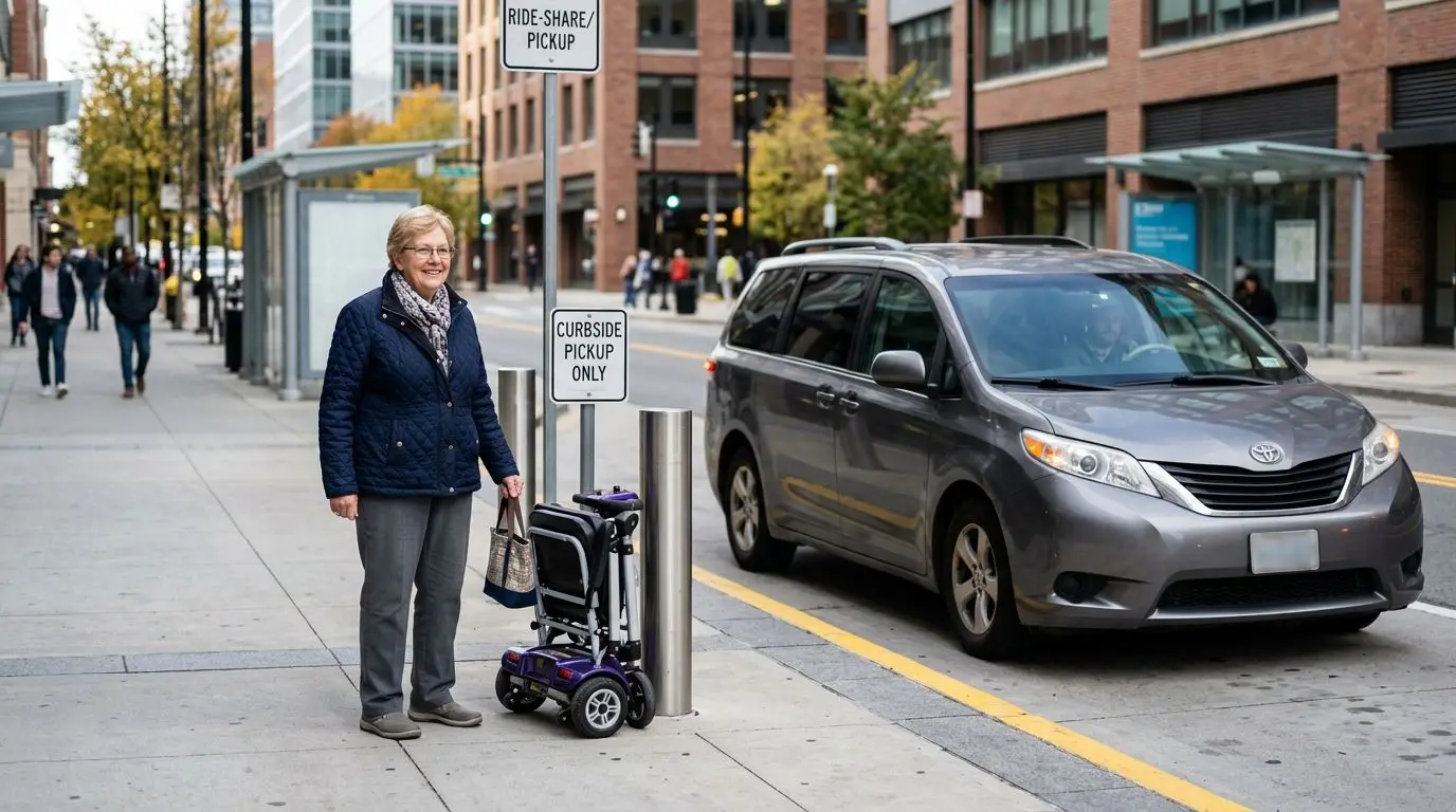 Older adult preparing a folded mobility scooter for loading into a paid ride vehicle