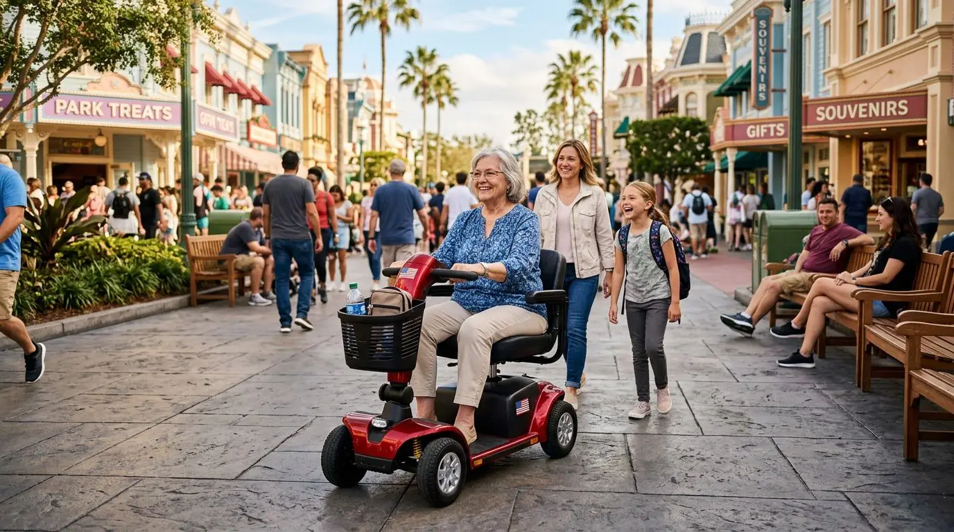 Older adult riding a mobility scooter during a long day out at a theme park shopping area
