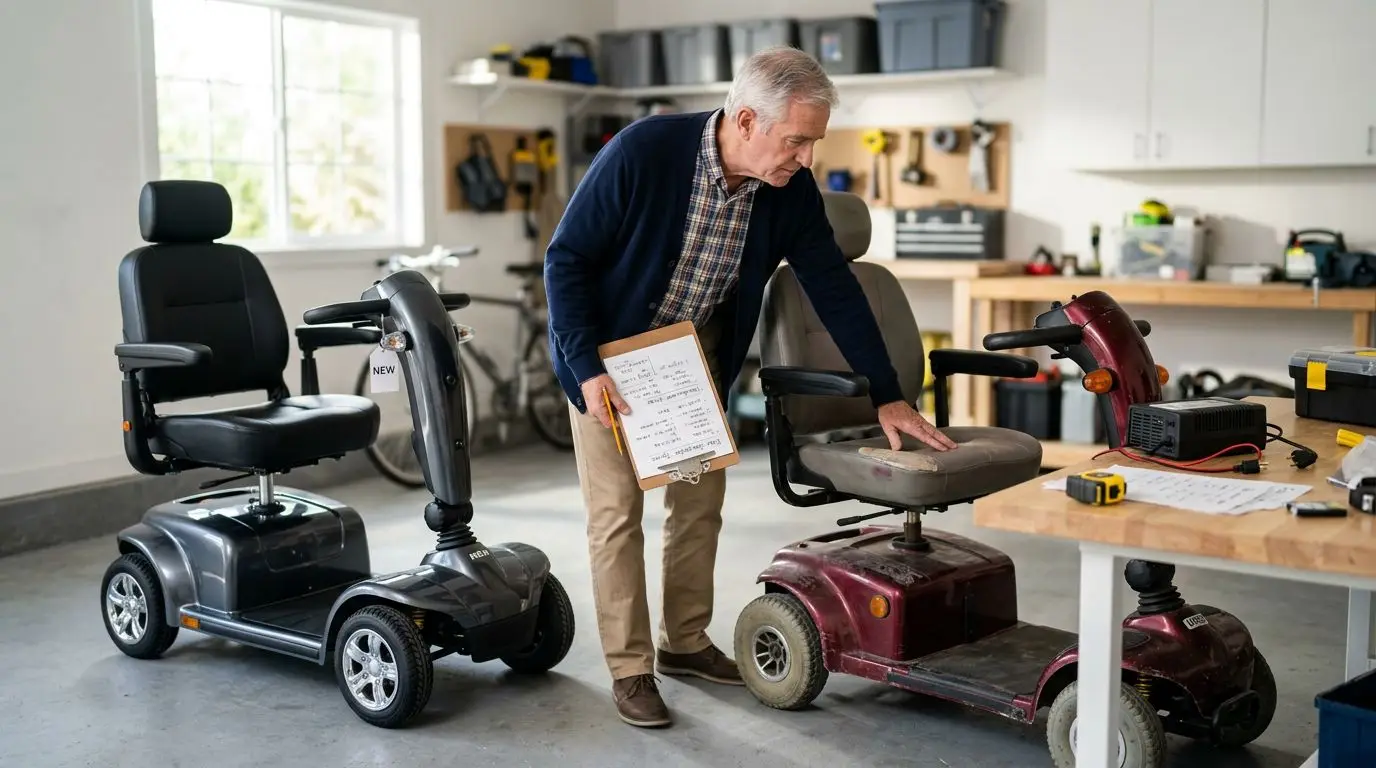 Senior comparing new and used mobility scooters with cost and battery notes