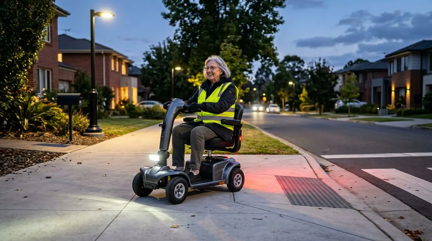 Older adult on a mobility scooter using lights and reflective gear on a sidewalk at dusk