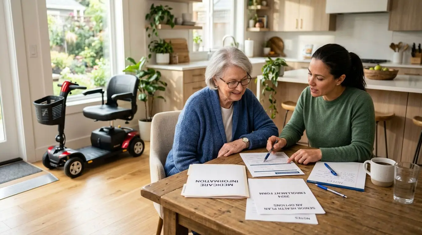 Senior reviewing Medicare coverage paperwork with a mobility scooter nearby