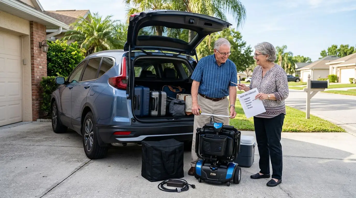 Senior couple measuring a mobility scooter before loading it for a road trip