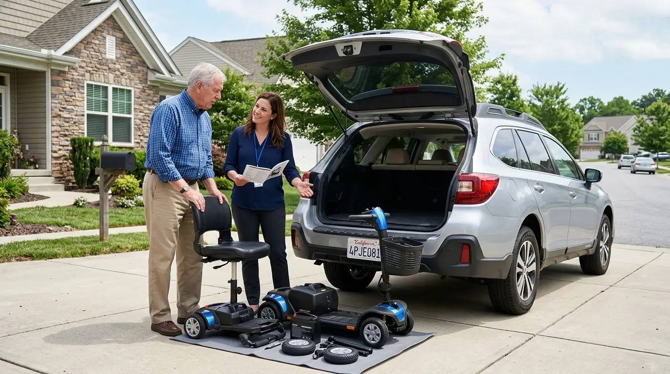 Portable mobility scooter beside an open car hatchback for transport comparison