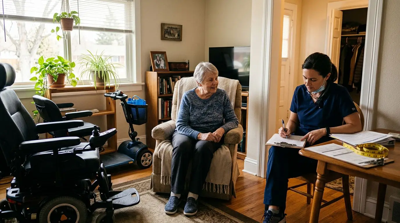 Older adult comparing a power wheelchair and mobility scooter with a clinician in a home doorway