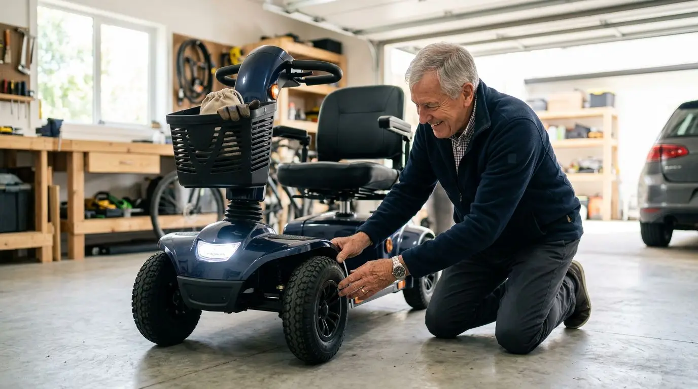 Older adult checking a mobility scooter before a ride