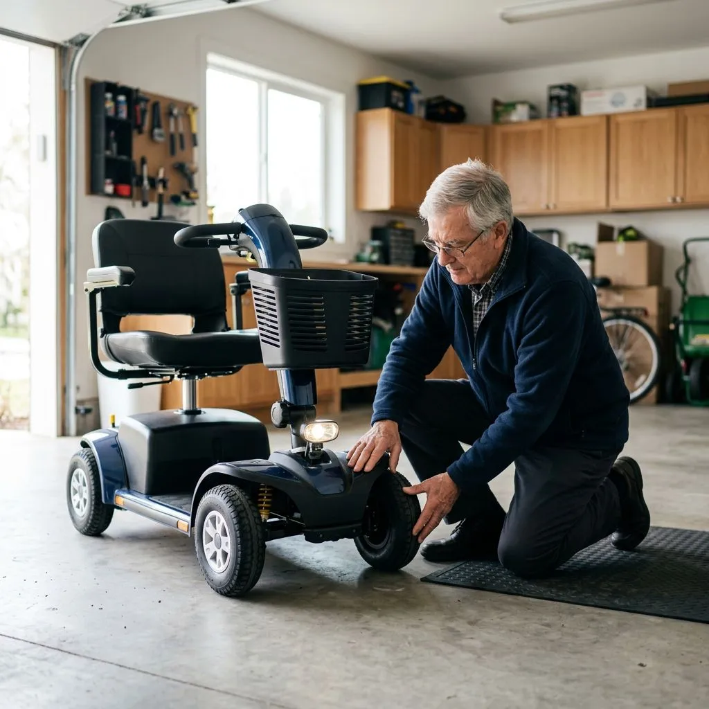 Older adult checking a mobility scooter before a ride