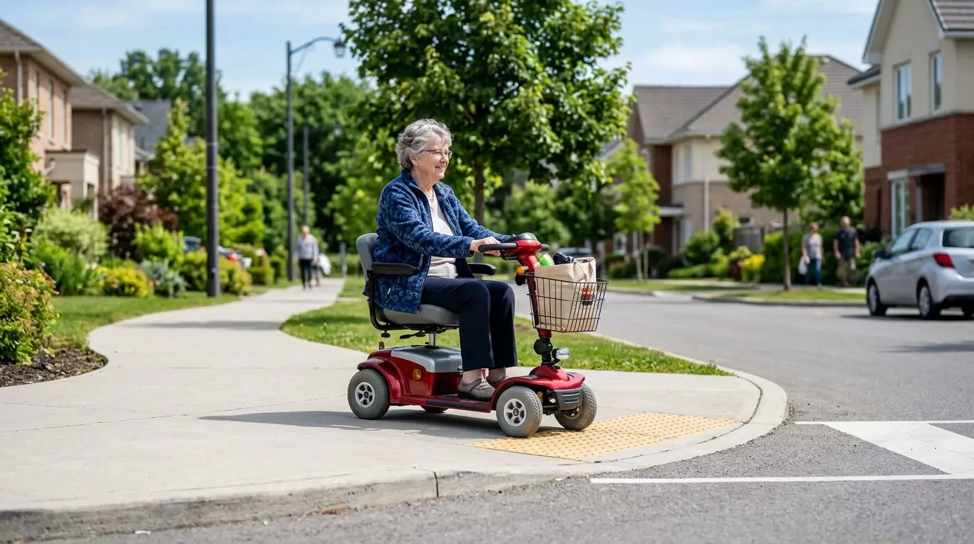 Older adult riding a mobility scooter safely near a curb cut ramp