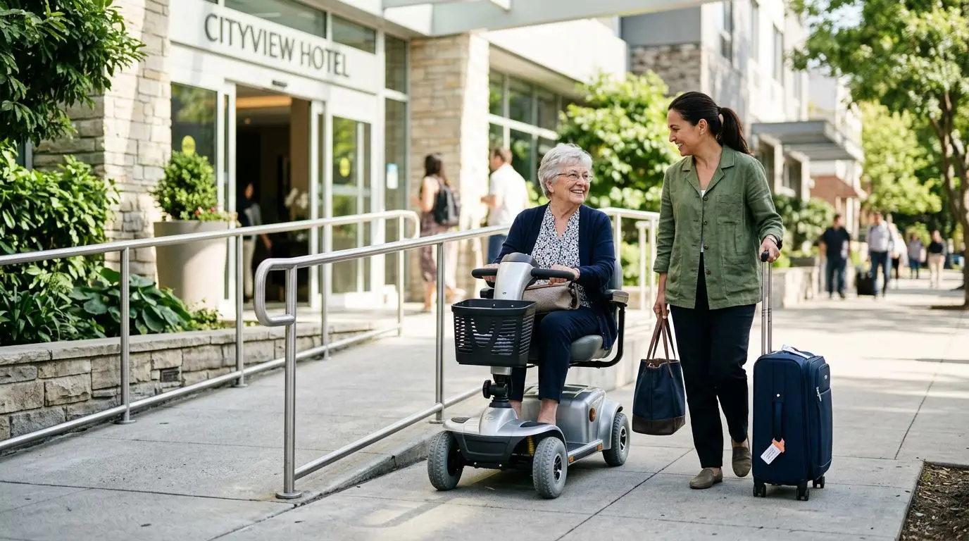 Older adult using a rented mobility scooter outside a hotel while traveling