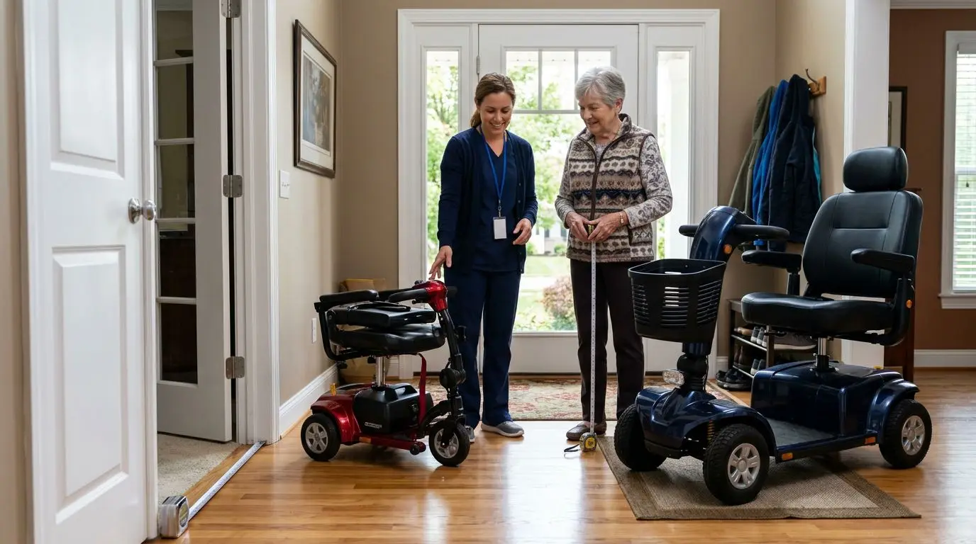 Senior and caregiver comparing mobility scooter options near a home doorway