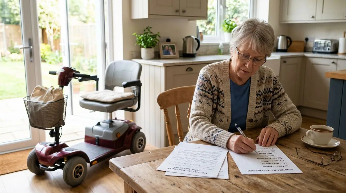 Older adult comparing rental and purchase paperwork for a mobility scooter at home