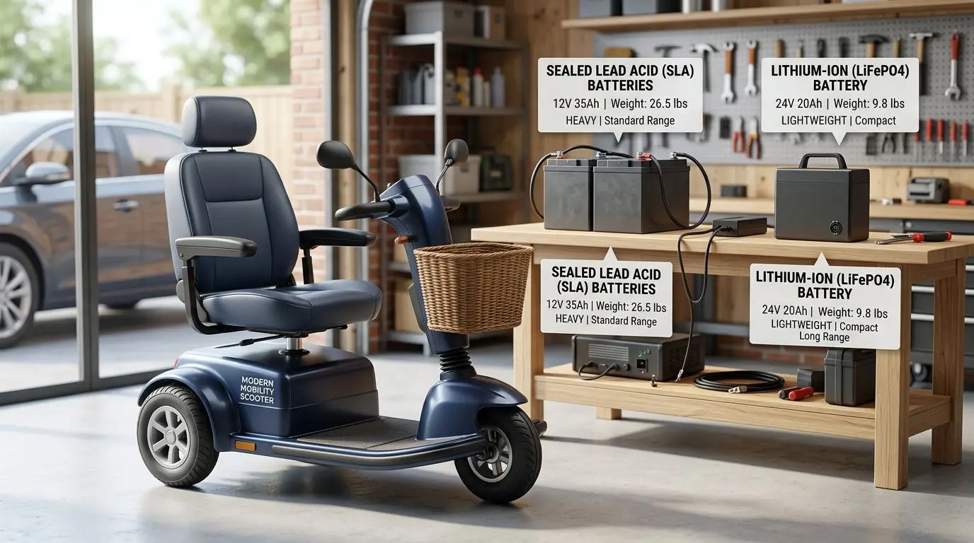 Mobility scooter with generic SLA and lithium batteries shown for comparison