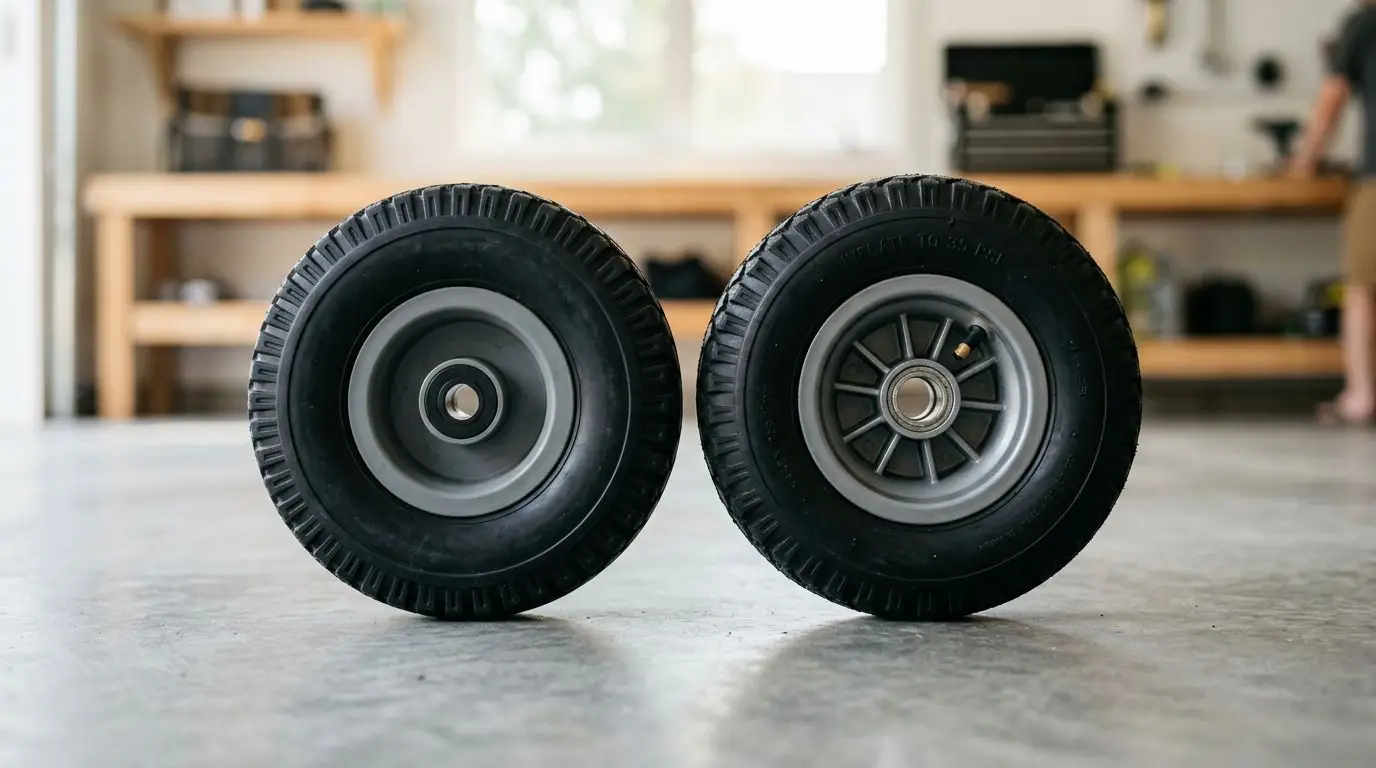Solid and air-filled mobility scooter tires compared side by side