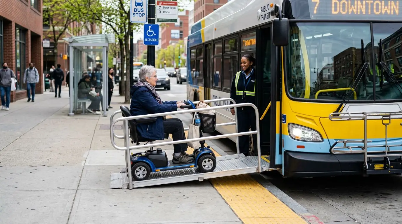 Mobility scooter user boarding an accessible public bus ramp at a curbside stop