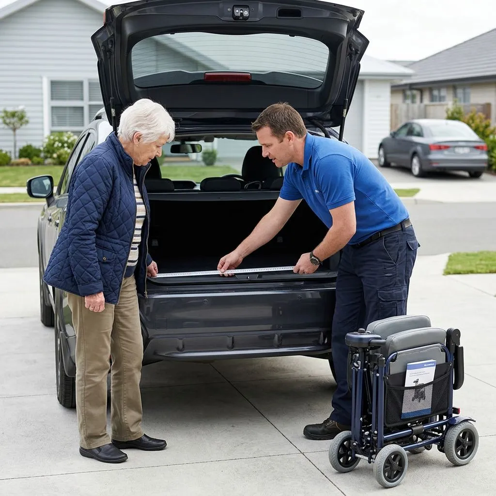 Older adult measuring a car trunk beside a folded lightweight mobility scooter