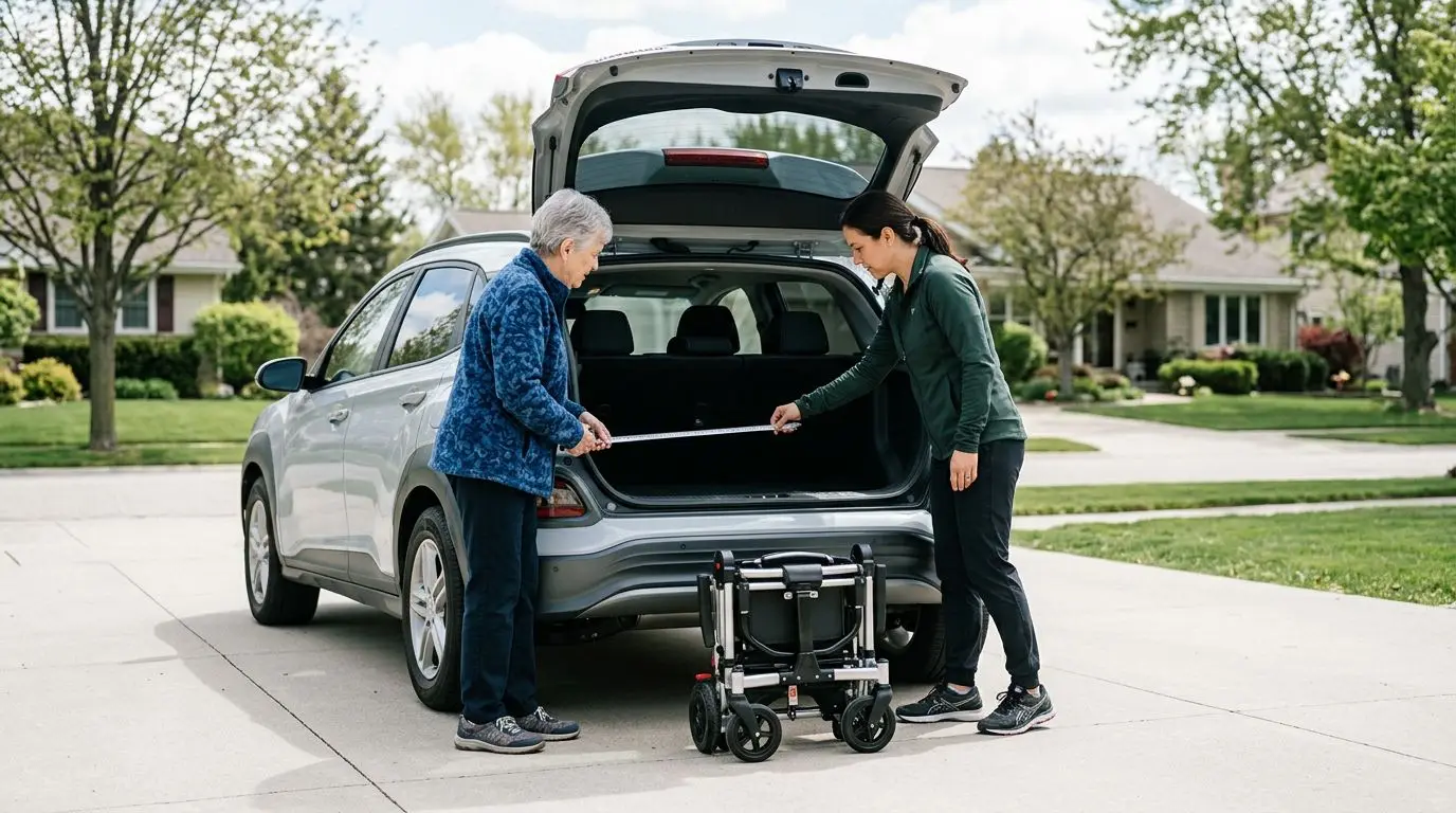 Older adult measuring a car trunk beside a folded lightweight mobility scooter