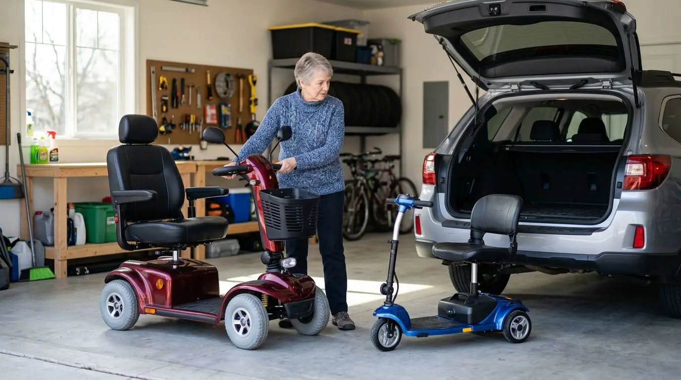 Older adult comparing a compact travel mobility scooter with a larger full-size mobility scooter
