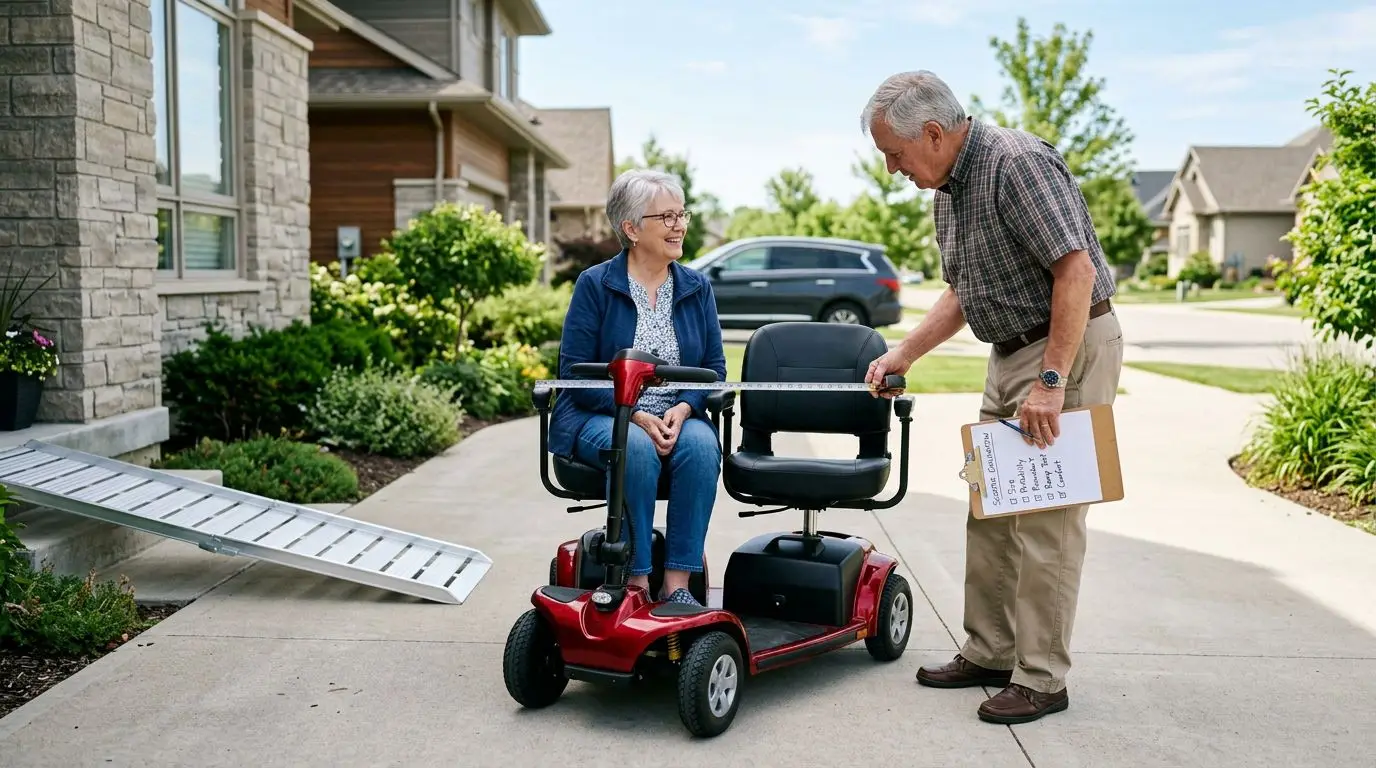 Older couple measuring space around a two-seat mobility scooter in a driveway