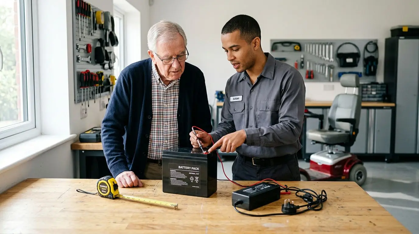 Older adult and technician checking a generic mobility scooter battery pack for a safe range upgrade