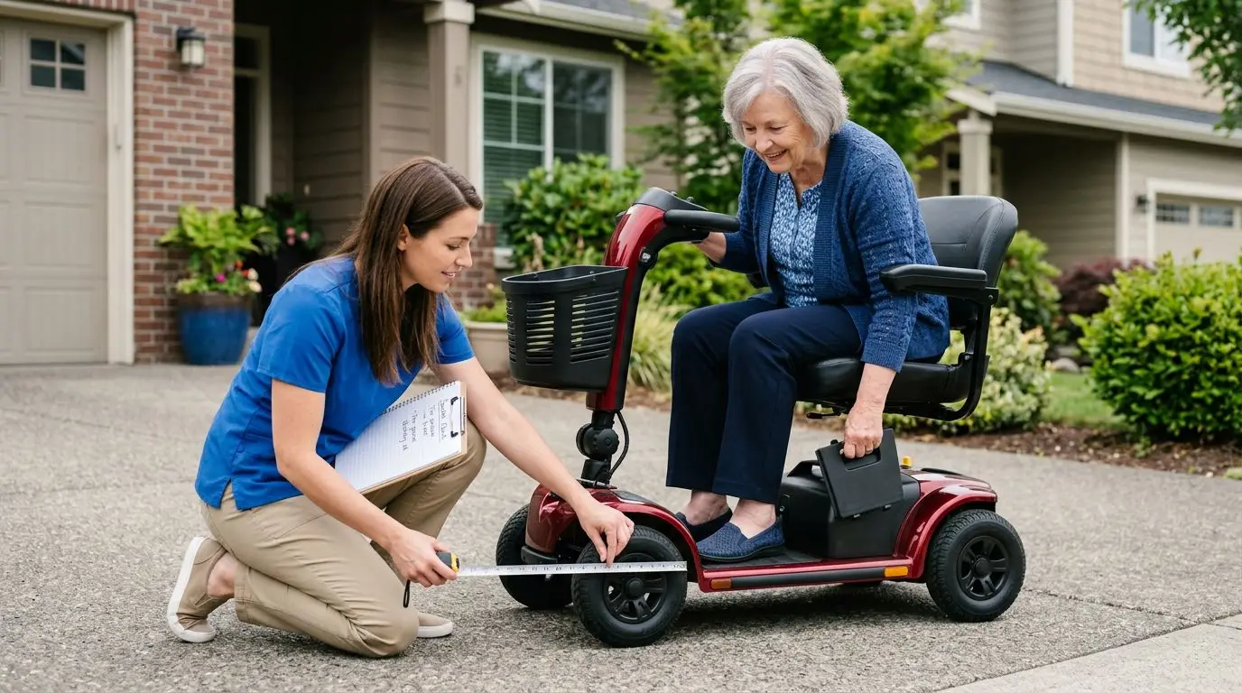 Older adult and caregiver inspecting a used mobility scooter before purchase