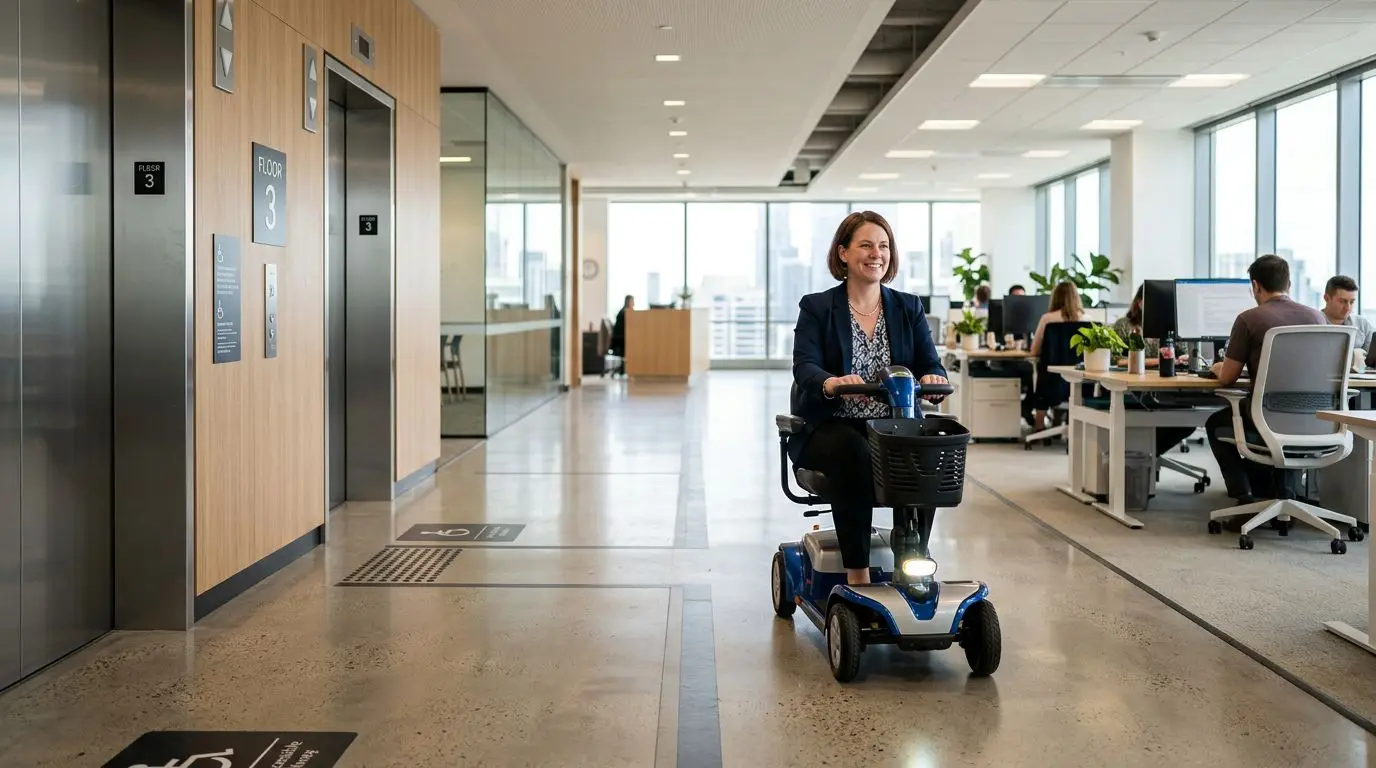 Employee using a mobility scooter in an accessible workplace hallway