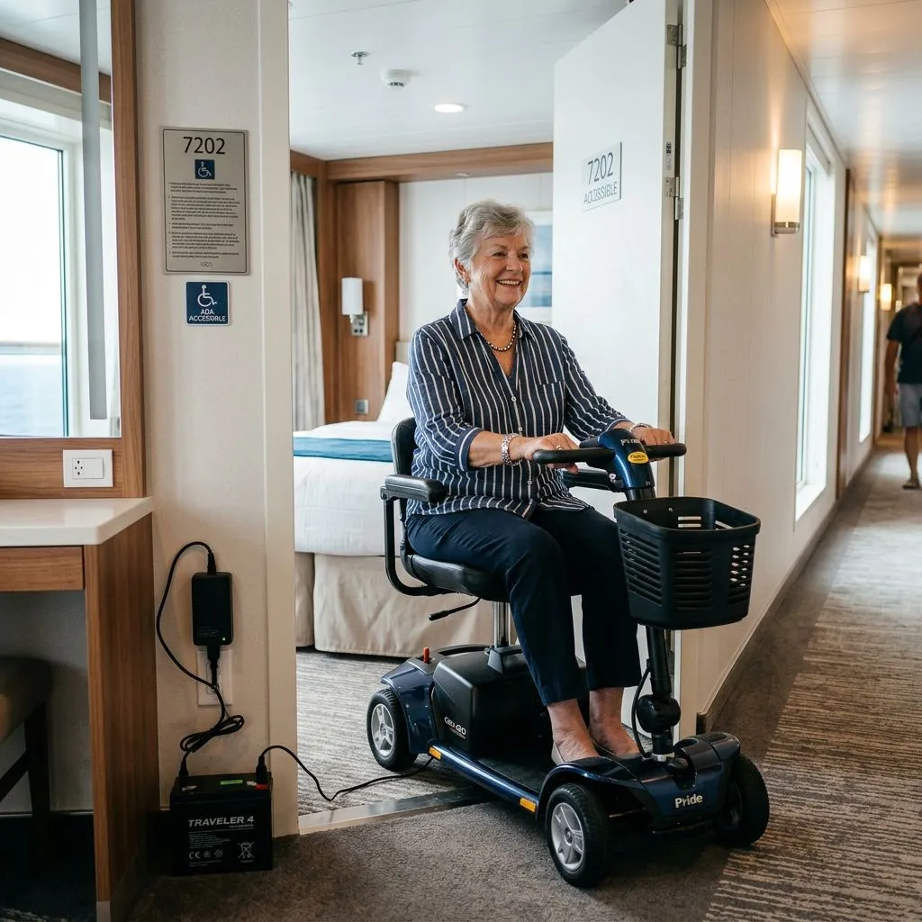 Senior traveler using a mobility scooter at an accessible cruise ship cabin doorway