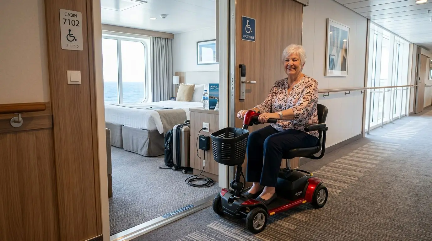 Senior traveler using a mobility scooter at an accessible cruise ship cabin doorway