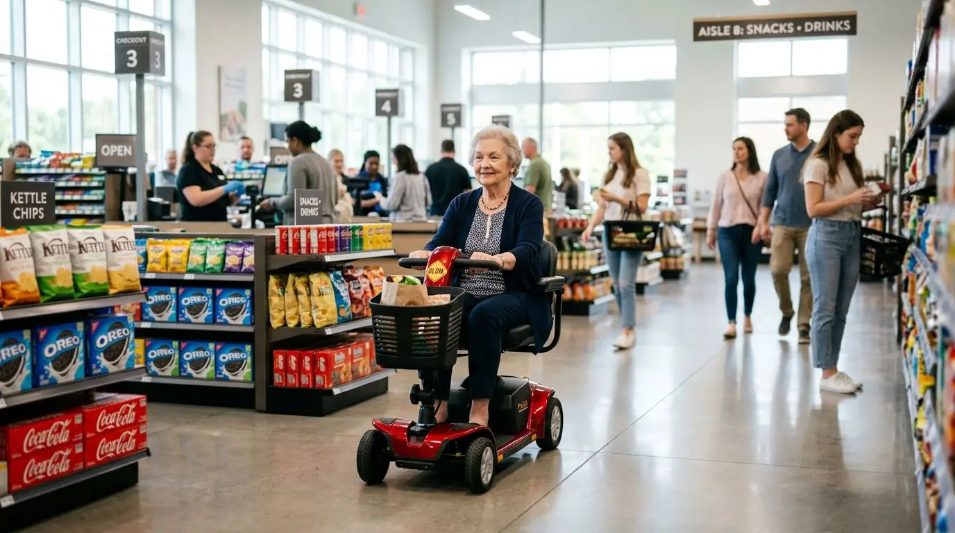 Senior using a mobility scooter safely in a grocery store aisle with pedestrians nearby