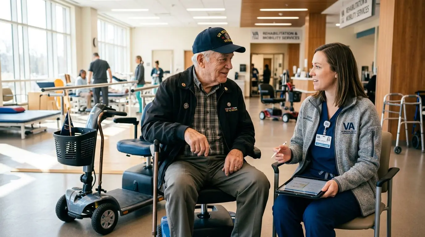 Veteran discussing mobility scooter evaluation with a VA clinician