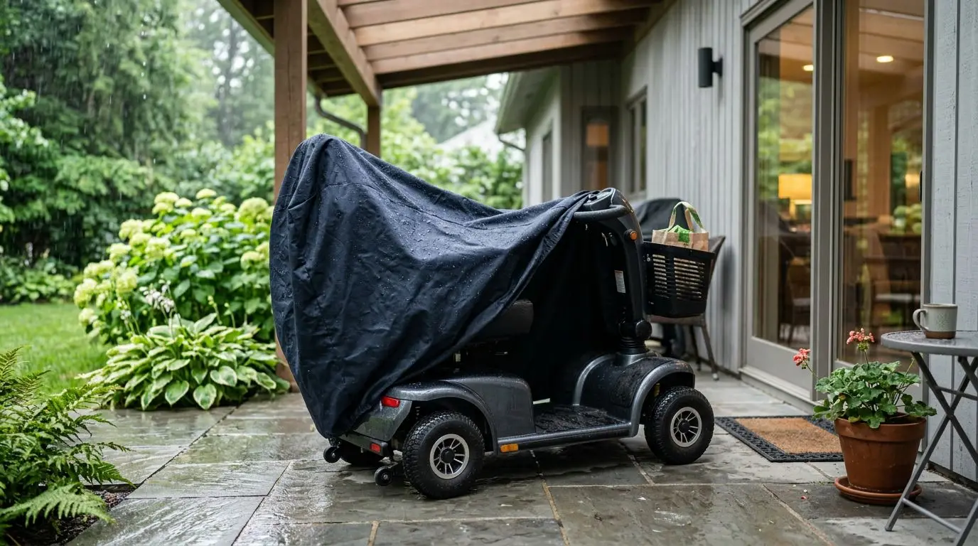 Waterproof full cover protecting a mobility scooter on a rainy covered patio