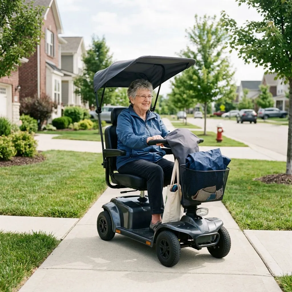 Older adult on a mobility scooter with weather accessories including a sun canopy and tiller cover